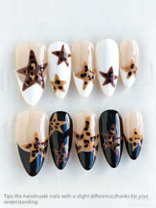 10pcs Y2k Leopard Brown Star Long Almond Handmade Press-On NailsFake NailsSuitable For Womens Parties Daily Casual Wear
