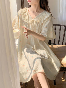ชุดนอนผู้หญิงผ้าฝ้ายแท้สองชั้นฤดูร้อน ชุดนอนใส่สบายสำหรับคุณแม่วางไข่ ชุดอยู่บ้าน ชุดนอนกลางแจ้ง ชุดนอนแขนสั้นคอวี