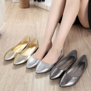 Silver Flat Bottom Slip-On Shoes Simple Design Commute Womens Footwear Small Size 33 34 Flat Heel Ballet Flats Fashionable