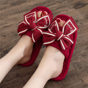 Cute Butterfly Knot Indoor Slippers Couples Cotton Bottom Anti-Slip Noiseless for Tile Floor Men Women All Seasons Home Comfortable