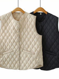 เสื้อกั๊กแขนกุดแบบมีแผ่นรองขนแกะทรงสี่เหลี่ยมขนมเปียกปูน อบอุ่น สำหรับผู้หญิง ฤดูใบไม้ร่วง/ฤดูหนาว ไซส์ใหญ่ แฟชั่นเกาหลี