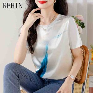 REHIN Summer plus size short-sleeved T-shirt plus size loose and slimming round neck L-4XL womens top