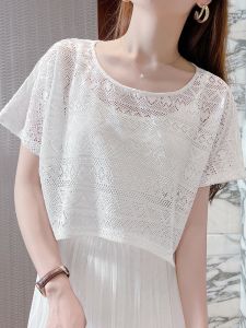 เสื้อเชิ้ตแขนสั้นผ้าตาข่ายโปร่งใสแบบสวมหัวสำหรับผู้หญิงในช่วงฤดูร้อน เสื้อชั้นในผ้าลูกไม้สไตล์เกาหลี ทรงหลวม เสื้อเชิ้ตคอโปโล