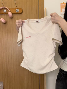 Áo Thun Nữ Tay Ngắn Cổ Chữ V Thêu Universe Creamy Không Hở Eo Phong Cách Hàn Quốc Mùa Xuân 2025 Cotton Co Giãn Thoáng Khí