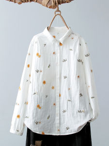 เสื้อเชิ้ตแขนยาวผ้าฝ้ายแท้สองชั้นสำหรับผู้หญิง ทรงหลวม ปักลายละเอียด นุ่ม สวมใส่สบาย เสื้อผ้าเด็ก เสื้อผ้าทำงาน ฤดูใบไม้ร่วง 2024