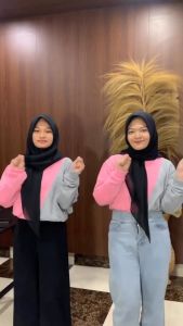 Slash Sweatshirt Kombinasi Pink Abu || SWEATER CRAWNECK BASIC WANITA FASHIONABLE