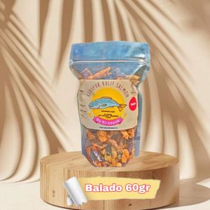 Keripik Kulit Ikan Salmon Crunchy Balado 60gr Cemilan Sehat Gurih dan Enak