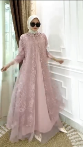 Gamis Brokat Mewah Elegan Lydia Dres BC Bahan Tille Mix Brukat Full Puring Aplikasi Payet M L XL XXL Dress Kondangan Wanita Terbaru Resleting Depan Aktif Busui Friendly Baju Seragaman Buat Pernikahan