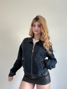 Washed Deep Blue Denim Jacket Street Style Loose Fit Womens Outerwear Cotton Blend Zipper Closure Long Sleeve Classic Coat