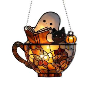 Halloween Ghost Reading Book Window Suncatcher Hanging Colorful Shadow Acrylic Window Hanging Ornament 2D Ghost Reading Book