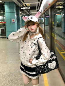 New Star Full Print Embroidered Sweatshirt Womens Spring Autumn Loose Zipper Open Cardigan Rabbit Ear Hood Casual Jacket