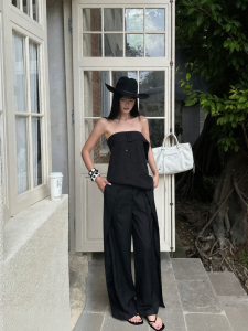 VENUIE | Slim High-fall Sensory Black Low Waist Wide Leg Suit Pants