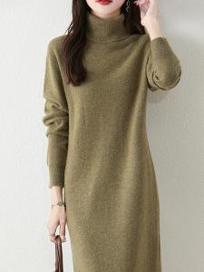 Womens Winter Turtleneck Pure Color Cashmere Sweater Long below the Knee Sweater Dress Inner Wear Loose Knitwear Dress Long Sleeves