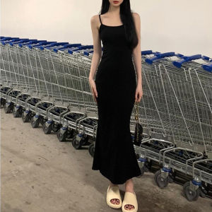 ชุดเดรสสีดำเซ็กซี่ ชุดเดรสยาวคลุมเข่า ชุดเดรสเกาะอก ชุดเดรสทรงหางปลา ชุดเดรสผู้หญิง ชุดเดรสฤดูใบไม้ร่วง ชุดเดรสแขนกุด ชุดเดรสคอวี