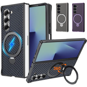 [Compatible with magsafe] 360 Spin Metal Ring StandCarbon Fiber Texture Rugged Hard PC Shockproof Phone Case for Samsung Galaxy Z Fold 7 CaseZ Fold 6 CaseZ Fold 5 CaseZ Fold 4 Case