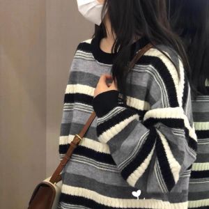 Idle Style Striped Retro Niche round Neck Pullover Sweater Womens Thickened Spring and Autumn Loose Top Coat Winter