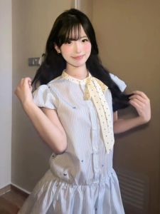 BeautyMark | Korean Style College Girl Blue Stripes Dress Summer 2025 New High Waist A-Line Skirt Bubble Hem Short Dress Sweet Bubbles