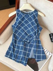 French Vintage Blue ลายสก็อต แขนกุด ผู้หญิง เสื้อกั๊ก ฤดูร้อน ไม่เท่ากัน Slit เอว Designtop Jacket หวาน สไตล์ สลิมฟิต ผ้าฝ้าย 100%