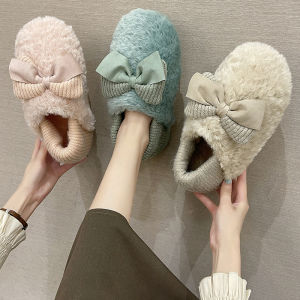 K-style Ins Cute Bowknot Bag Heel Cotton Slippers Home Outwear Winter Warm Slugged Bottom Non Slip Stuffed Cotton-Padded Shoes for Women