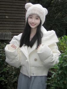 Lamb Fur Short Puffer Jacket Womens Autumn Winter New Design Flip Collar Small Size Bread Coat Korean Style Commute Pure Color