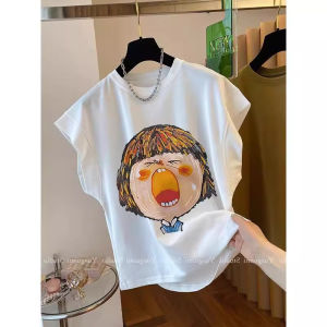 เสื้อยืดแขนกุดคอกลมหลวมๆ สไตล์เกาหลีสำหรับผู้หญิงในฤดูร้อน 2024 เสื้อยืดแขนกุดลายการ์ตูนสำหรับผู้หญิง แขนกุดแบบลำลอง