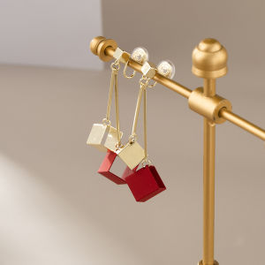 Retro Hong Kong Style Color Block Hollow Square Long Fashionable Korean Air Quality Earrings for Women