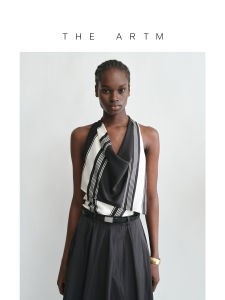 Elastic Silk Halter Top with Asymmetric Draped Neckline Geometric Print