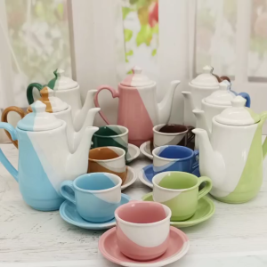 Teko Set Two Tone Nikura Keramik 1 Teko 5 Cangkir 5 Tatakan