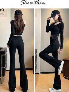 High Waist Bell Bottom Pants Womens Fashionable Elastic Slimming Fleece Lined Black Casual Trousers Spring Autumn Winter