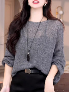 Gray Knitted Sweater Womens Long Sleeve Overhead Base Layer Lazy Design Fashionable Comfortable Casual Style Autumn New Arrival