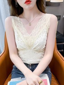 Áo Vest Dây Nhung Không Đệm Ngực Cổ Chữ V Áo Lót Trong Áo Khoác Ngoài Ren Ghép Nối Gợi Cảm Áo Vest Ngắn Thường Ngày Mùa Xuân