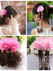 Childrens Cartoon Hair Accessories Princess Butterfly Knot Decorations Curly Fake Hair with Combs for Babies And Girls