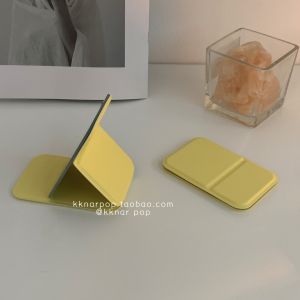 Portable Folding Pure Color PU Leather Mirror Womens Simple Korean Style Compact Lemon Yellow Makeup Mirror Personal Care Tool