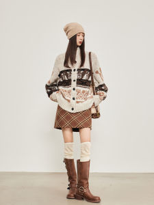 Ochre Fair Isle Knit Sweater Coat Loose Turtleneck Lazy Elegant Winter