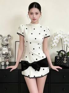 French Elegance Polka Dot Bow Tie Slim Fit Dress