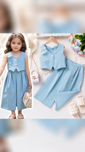 Setelan Anak Perempuan Tanpa Lengan Warna Biru Langit Vest & Celana Kulot Anak Fashionable
