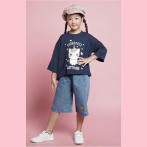 Little pineapple setelan santai blouse Yuri kulot jeans anak 4-9Y