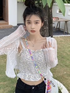 Summer Lace Shoulder Wrap with Strap Air Conditioner Outerwear Sun Protection Short Cardigan Mesh Little Jacket for Women