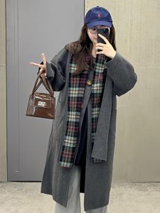 Double-Sided Woolen Coat Scarf Collar Mid-Length Plaid Outerwear Womens Autumn Winter Fashion Commute Korean Style Long Sleeve