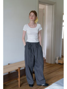 Quần Ống Rộng Dáng Chữ a Màu Xám EGGKA Quần Thể Thao Thường Ngày Quần Ống Đứng Cạp Cao Có Dây Thun Đa Năng Quần Dài Mùa Hè