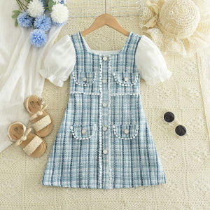Bear Leader Baby Girls Elegant Dresses Summer New Knit Plaid Puff Short Sleeves Exquisite Buttons Dress for 2 to 7 Years Kids Clothing Girls Casual Clothes