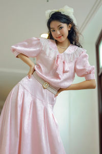 Miss Nankunyoulis Vintage Hakusho Pink Naval Collar School Girl Dress High Waist Summer Long V-neck A-line Polyester Fiber