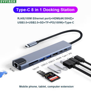 8 in 1 Type-C to HDMI USB3.0 RJ45 TF SD Card PD Port 100W PD Fast Charger USB C to HDMI Adapter Type C Female Converter Cable Adapter Type C to USB3.0 Type-C to HDTV 4K Compatible with Projector Monitor TV