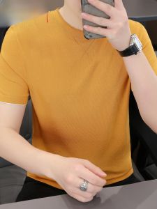 HENGYUANXIANG | Hengyuanxiang Mens Round Neck Short Sleeve T-Shirt Ice Silk Lightweight Knitted Summer Casual Breathable Fashion Urban Basic Youth Top