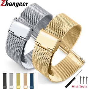 Zhangeer สายรัดข้อมือสเตนเลสสตีลสำหรับผู้ชายสายรัดข้อมืออเนกประสงค์หัวแบนพร้อมเครื่องมือสำหรับแถบนาฬิกาแบบ Milanese 14มม. 16มม. 18มม. 20มม. 22มม. 24มม. 304