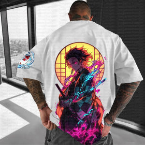 White Cotton T-Shirt Demon Slayer Back Print Tanjiro Kamado Red Black Hair Blue Purple Flame Round Window Sleeve Mask