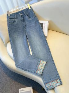 New Chinese Style High Waist Slim Fit Straight Leg Jeans Womens Autumn 2024 New Fashion Embroidered Cigarette Pants