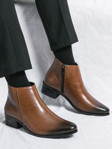 Side Zipper Chelsea Boots Mens Retro Business High-Top Leather Shoes Fleece-lined Heattech Pointed-Toe Authentic Leather British Martin Booties