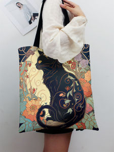 Black cat pattern printed casual handbag reusable fashionable backpack multifunctional handbag canvas shopping bag