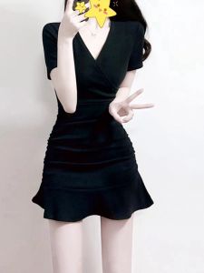 YUANJIAREN | Summer Fishtail Pencil Dress V-Neck Black Dress